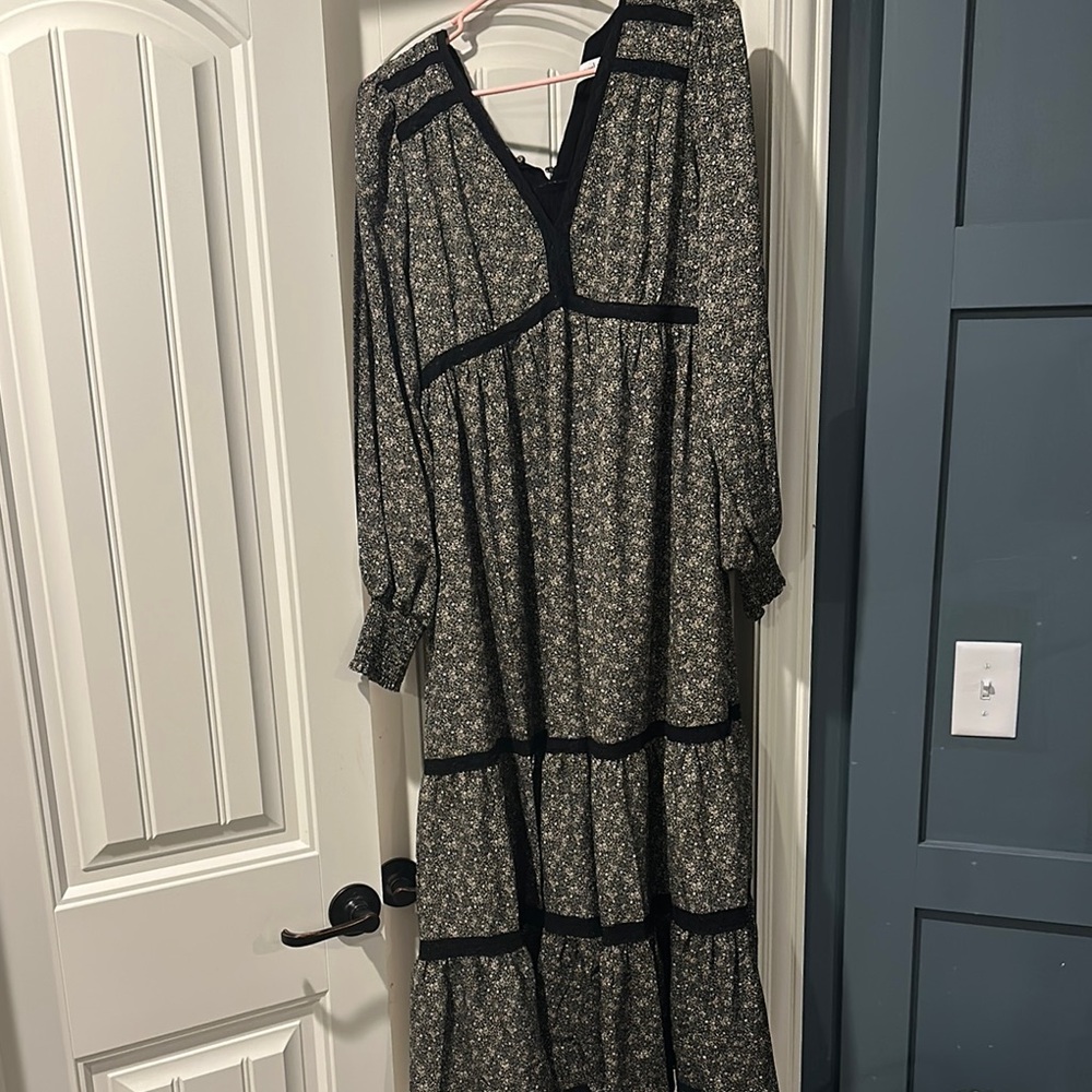 In Bloom Green and Black Tiered Sundress with Bishop Sleeves